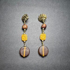 VTG Boho Bohemian Beaded Amber Colored & Gold Tone Dangle Drop Earrings 3.25"